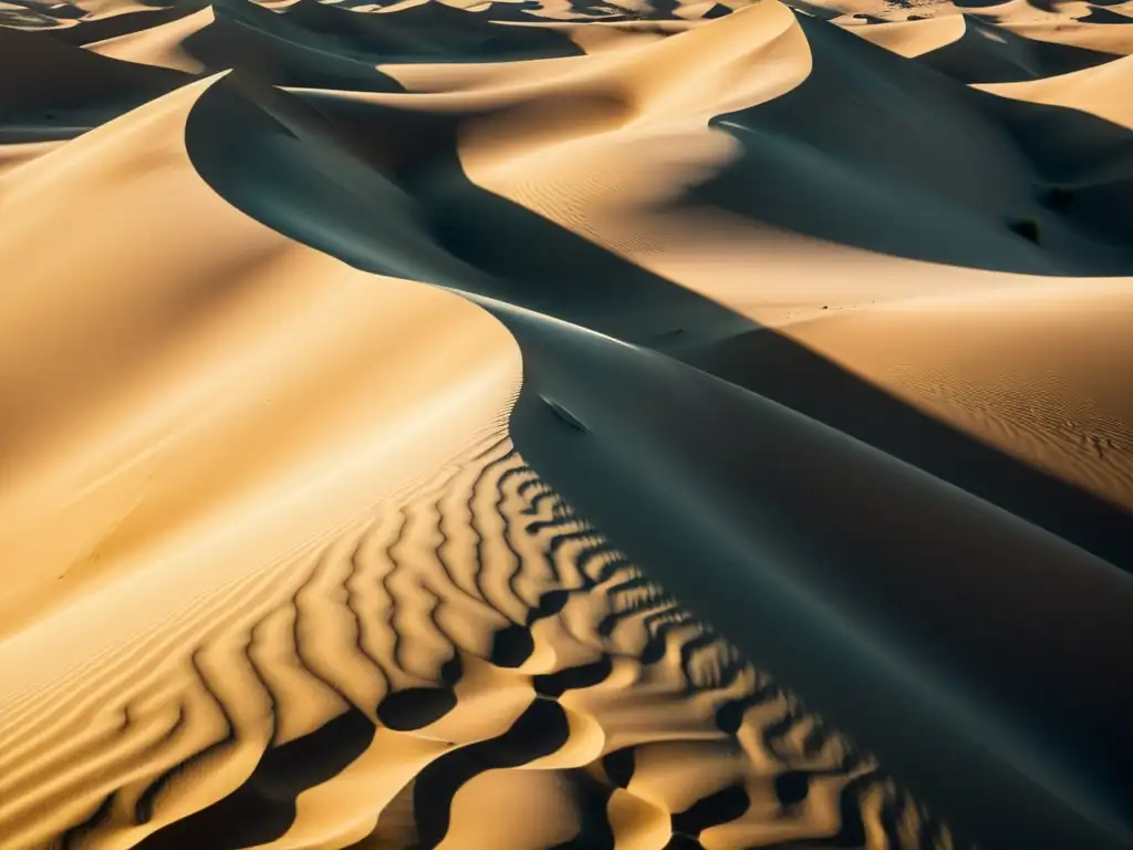 Un diseño natural de patrones de arena esculpidos por el viento, con sombras y luces que realzan su textura y detalles, evocando una belleza única