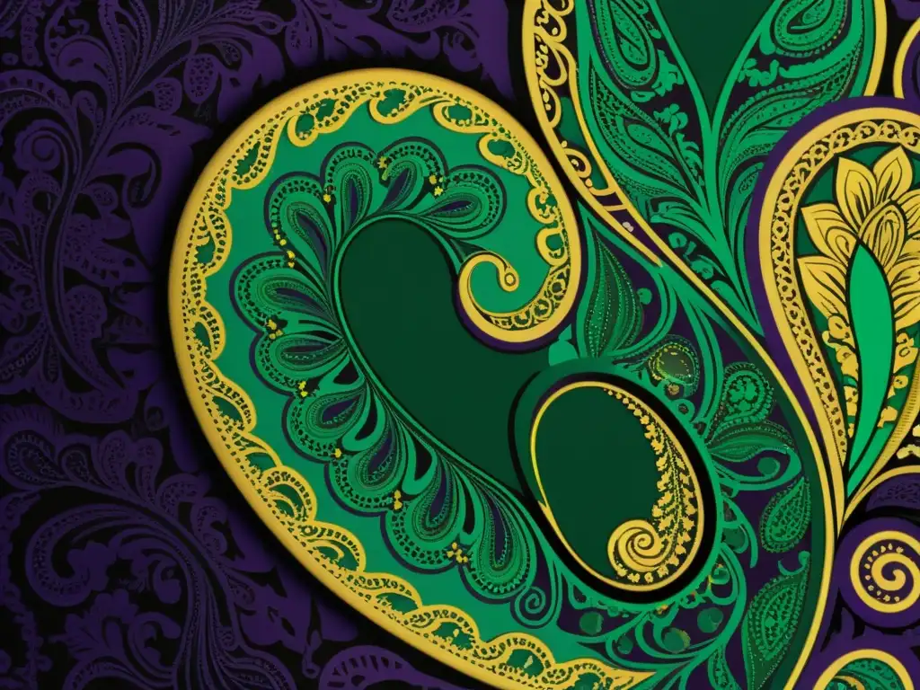 Fascinación por el diseño paisley: Detalle de un patrón vibrante y elegante con ricos colores, líneas finas y remolinos intrincados