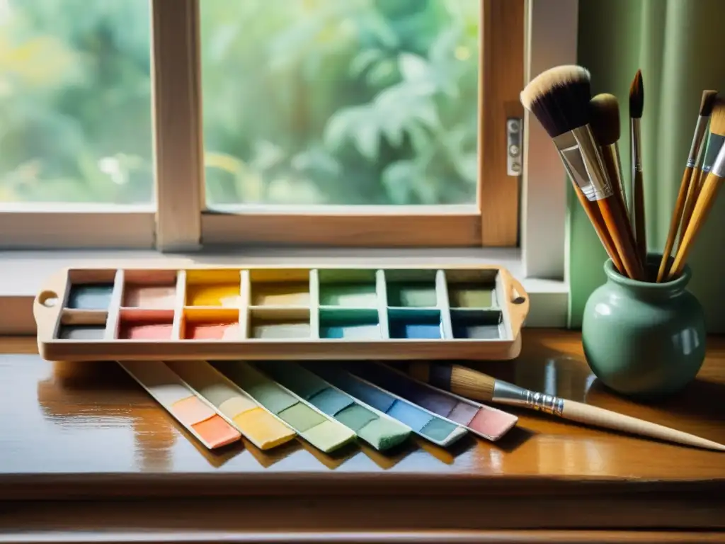 Diseño de patrones con acuarela: Paleta y pinceles en mesa de madera, iluminados por luz natural, evocando la artesanía y la inspiración artística