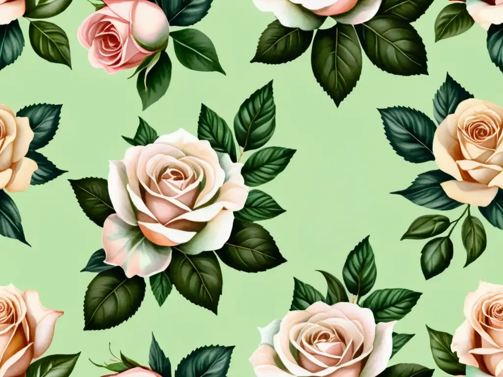 Diseño de patrones con acuarela de rosas delicadas y hojas verdes en fondo crema, con detalles sutiles y elegantes