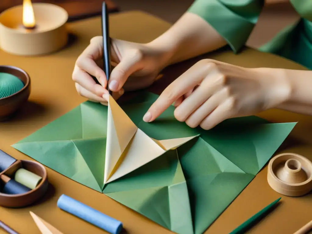 Diseño de patrones de origami: Artista japonés crea delicadas figuras de papel con meticulosidad y gracia, rodeado de herramientas de arte antiguas