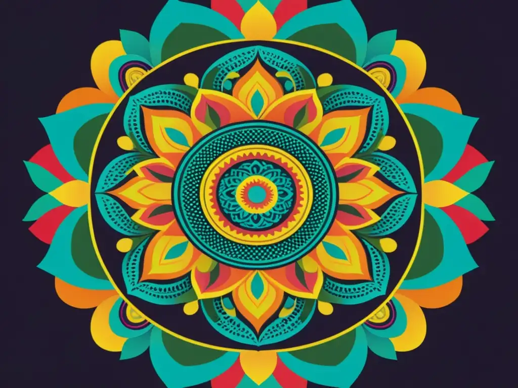 Diseño de patrones artísticos culturales: Mandala vibrante con intrincados diseños y colores vivos evocando arte psicodélico vintage