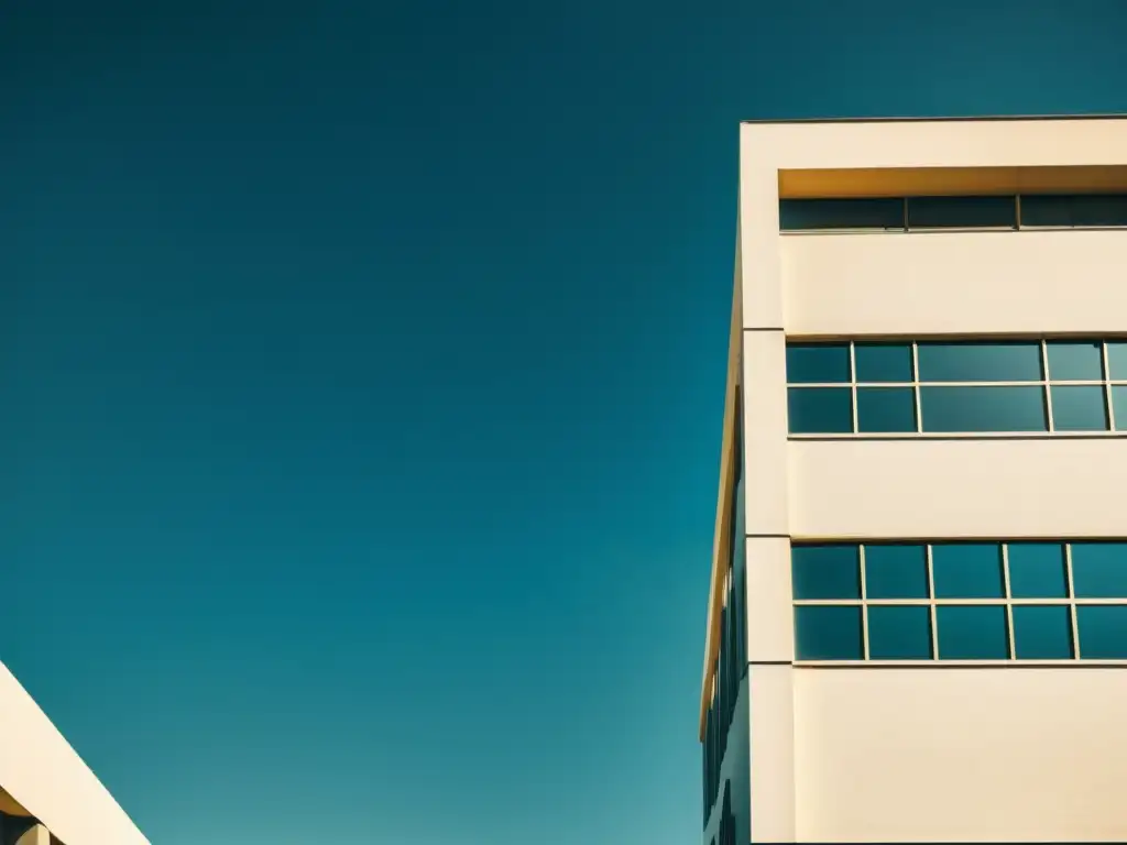 Diseño de patrones artísticos en culturas globales: Fotografía vintage de un edificio Bauhaus con líneas y sombras dramáticas, bajo cielo azul