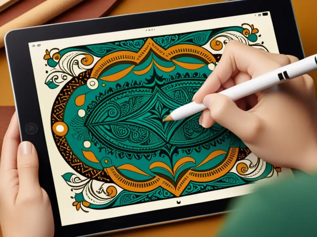 Aprender diseño de patrones artísticos en tablet con detalle vintage y colores vibrantes, exudando creatividad y artesanía