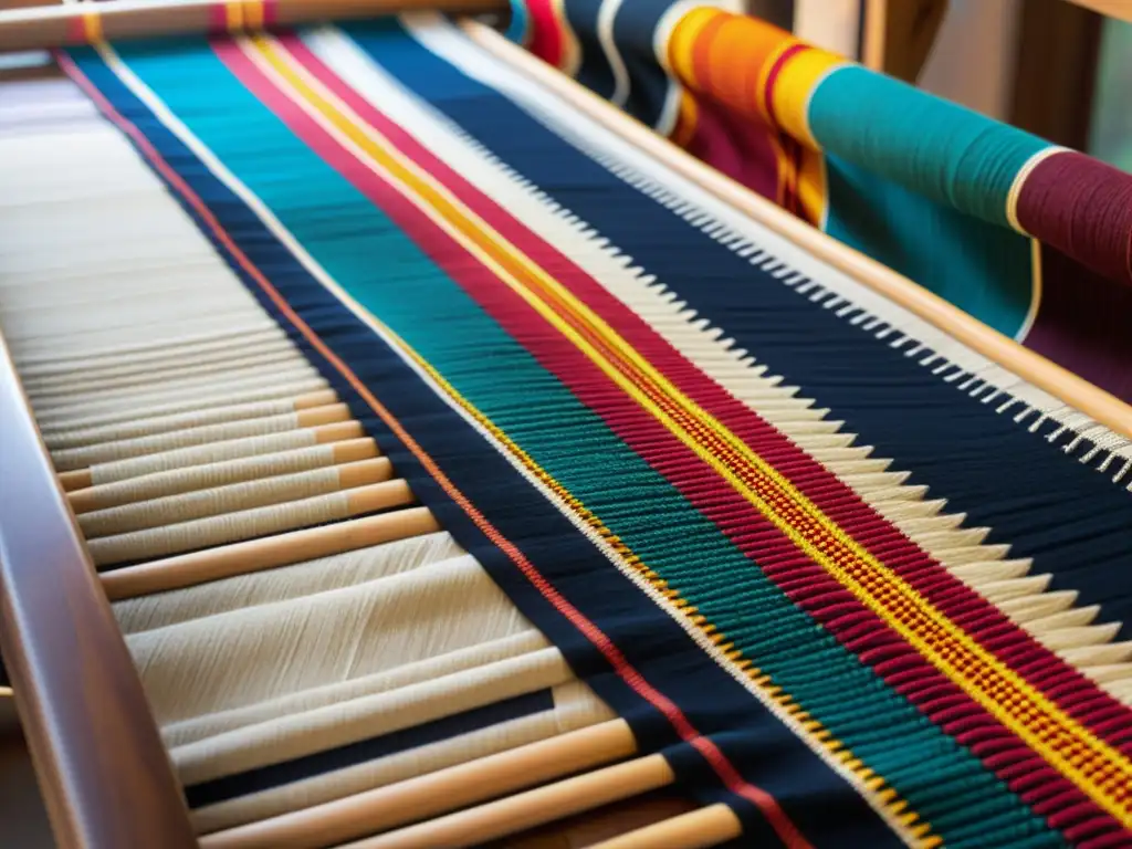 Diseño de patrones artísticos indígenas: Fotografía de un textil tradicional con intrincados diseños tejidos a mano y colores vibrantes, resaltando la artesanía y significado cultural