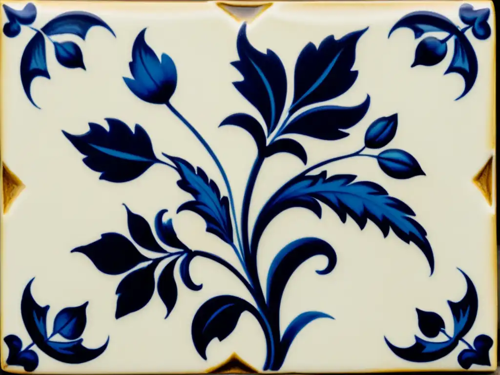 Diseño de patrones en cerámica digital: Detalle de azulejo vintage pintado a mano con motivos florales azules y blancos, envejecido pero encantador