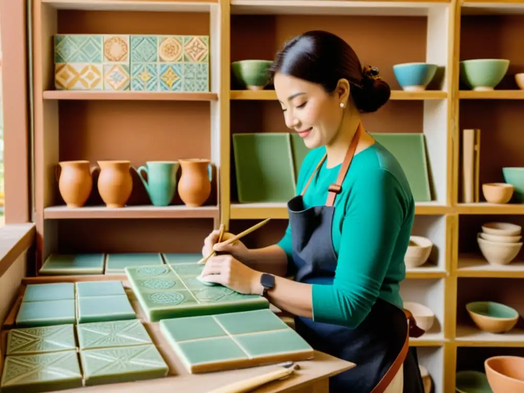 Diseño de patrones en cerámica digital: Artesano pintando azulejos con cuidado en un taller vintage, creando una atmósfera cálida y nostálgica