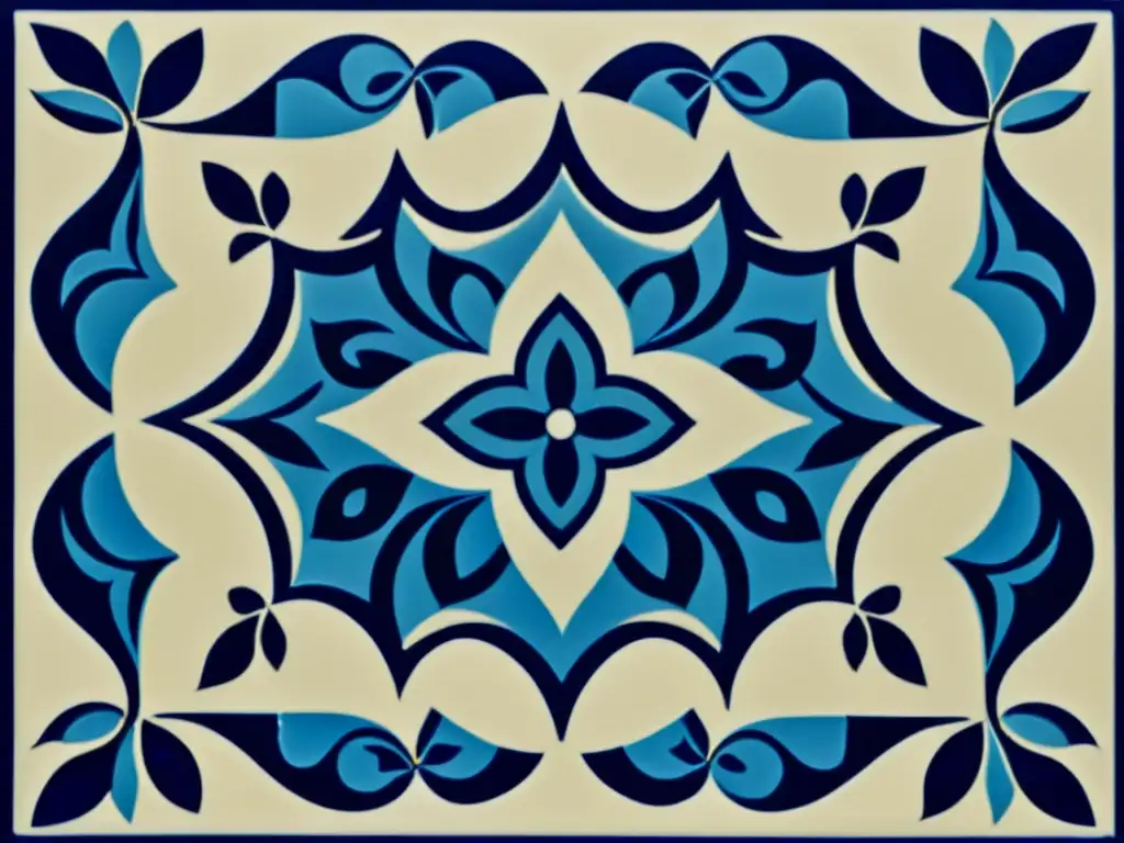 Diseño de patrones en cerámica digital: Azulejo vintage con intrincado patrón geométrico en tonos azules, inspirado en diseños mediterráneos tradicionales