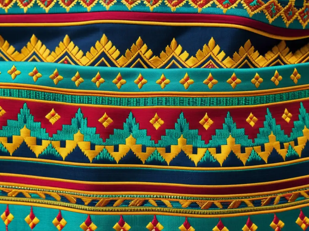 Diseño de Patrones Culturales Certificados: Intrincado bordado en textil tradicional, con colores vibrantes y detalles finos