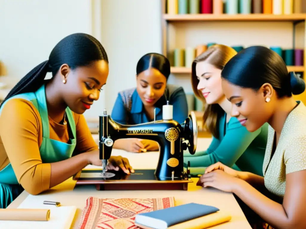 Diseño de patrones culturales globales: Estudiantes e instructores colaboran en un taller vintage, con máquinas de coser y telas coloridas