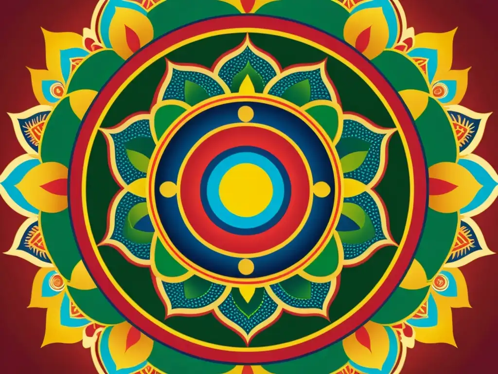 Diseño de patrones culturales inspirados en un mandala tibetano vintage, simétrico y vibrante, que irradia historia y espiritualidad