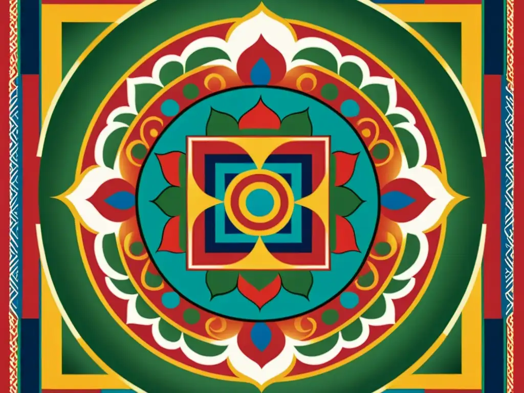 Diseño de patrones culturales inspirados en un detallado mandala tibetano vintage, con colores vibrantes y elementos tradicionales