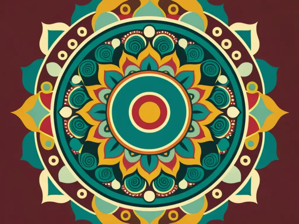 Diseño de patrones culturales inspirados en una mandala vintage rica en colores cálidos y detalles geométricos elaborados