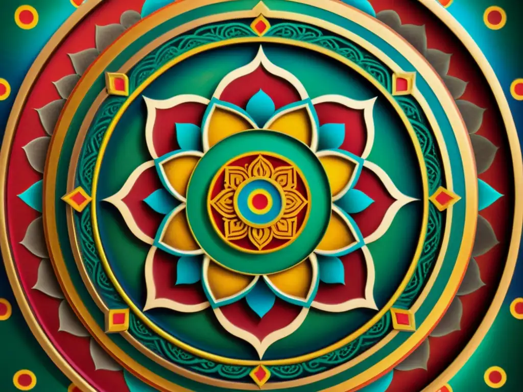 Diseño de patrones culturales inspirados en un antiguo mandala tibetano, con colores vibrantes y meticuloso detalle artesanal