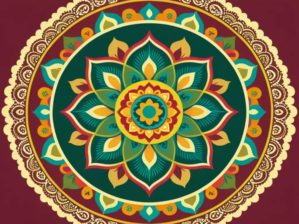 Diseño de patrones culturales inspirados en un mandala tibetano, con colores vibrantes y detalles ornamentales exquisitos