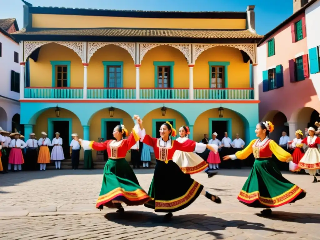 Diseño de patrones en danza folclórica: Grupo de bailarines folclóricos en trajes coloridos realizando una danza sincronizada en una plaza histórica