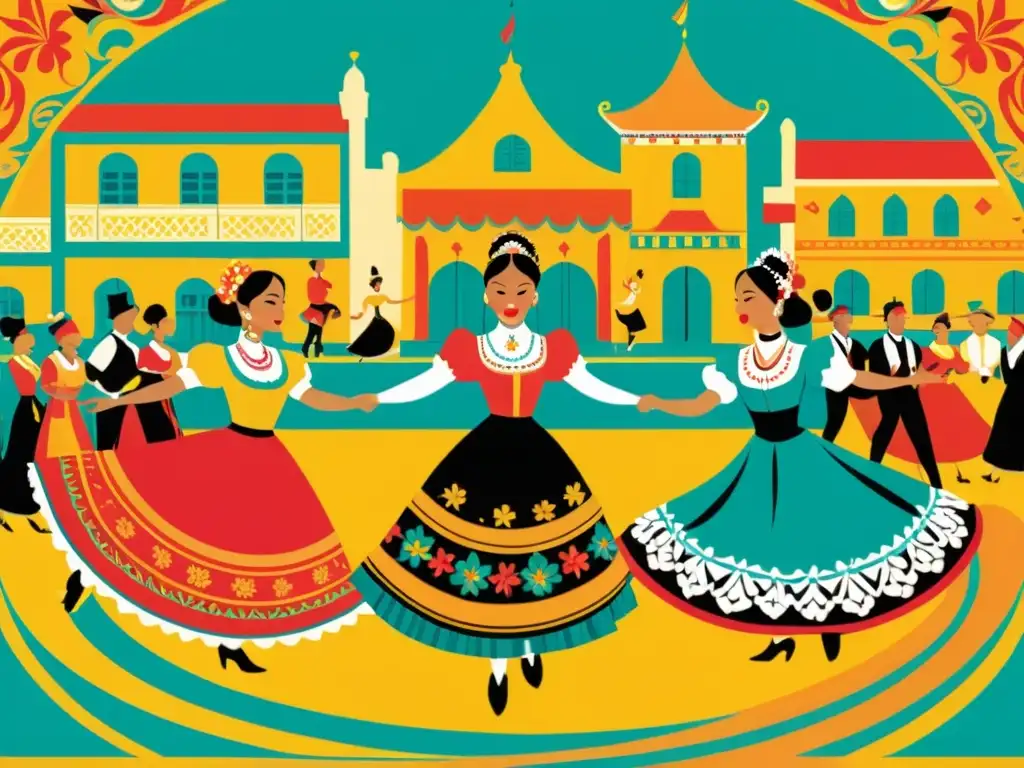 Diseño de patrones en danza folclórica: Ilustración vintage de bailarines en trajes tradicionales, ejecutando dinámicas poses en un escenario vibrante