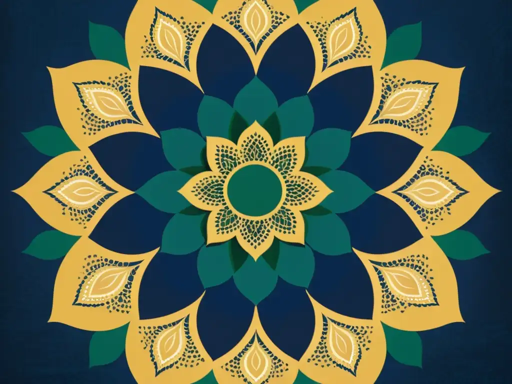 Un diseño de mandala vintage con patrones florales en tonos índigo, esmeralda y dorado