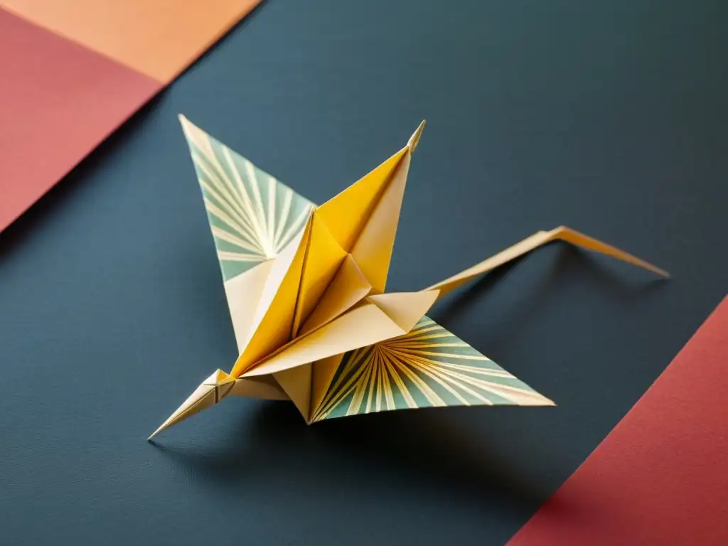 Diseño de patrones de origami: Grulla de origami vintage con detalles florales y hoja de oro, sobre fondo de caligrafía japonesa