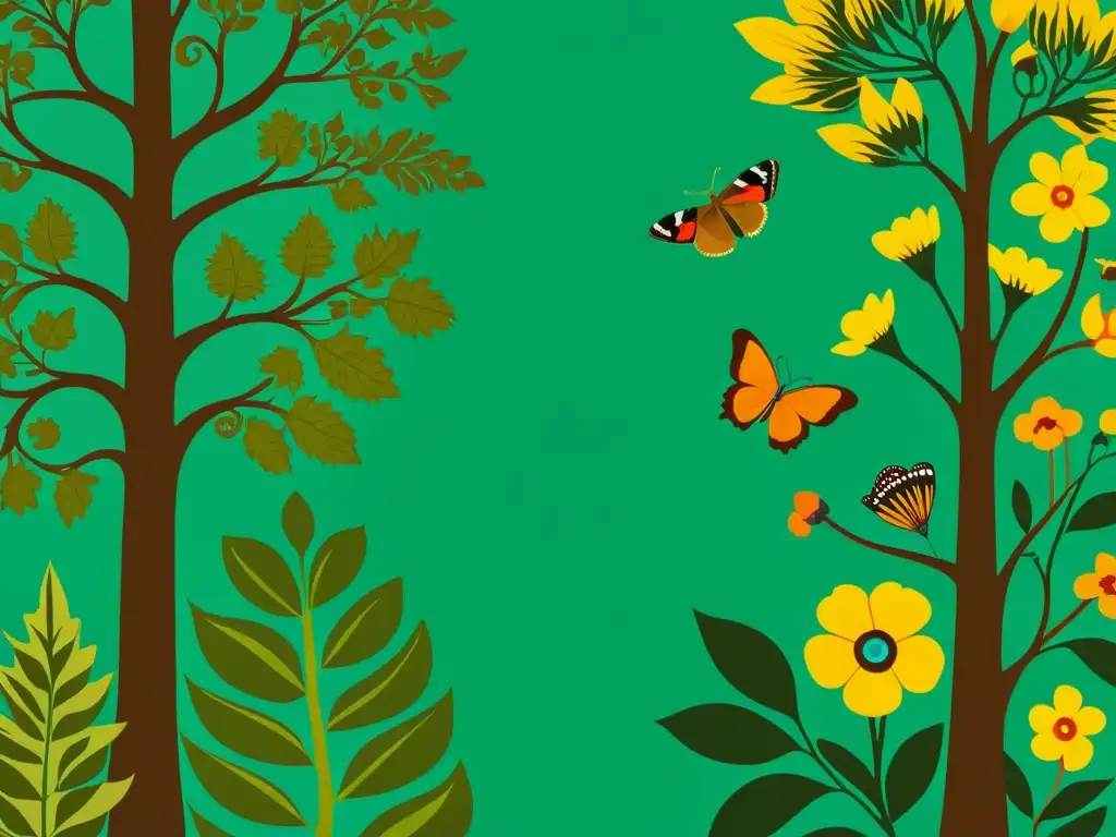 Diseño de patrones inspirados en flora y fauna en detalle, con una exuberante escena de bosque vintage enriquecida con vida vegetal y animal