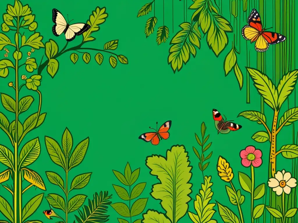 Diseño de patrones inspirados en flora y fauna: Ilustración vintage de un exuberante bosque detallado con aves, mariposas y otros seres del bosque