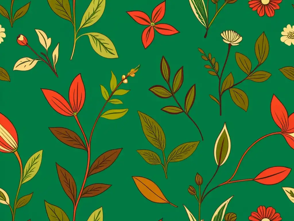 Diseño de patrones inspirados en flora y fauna: Detalle de un elegante patrón botánico vintage dibujado a mano, con flores, hojas y tallos en tonos terrosos