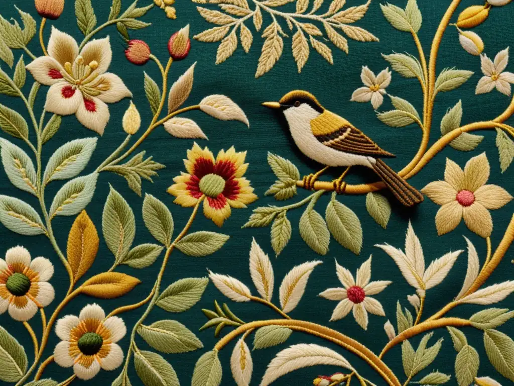 Diseño de patrones inspirados en flora y fauna en tela vintage con bordados detallados de flores, hojas y aves en tonos terrosos