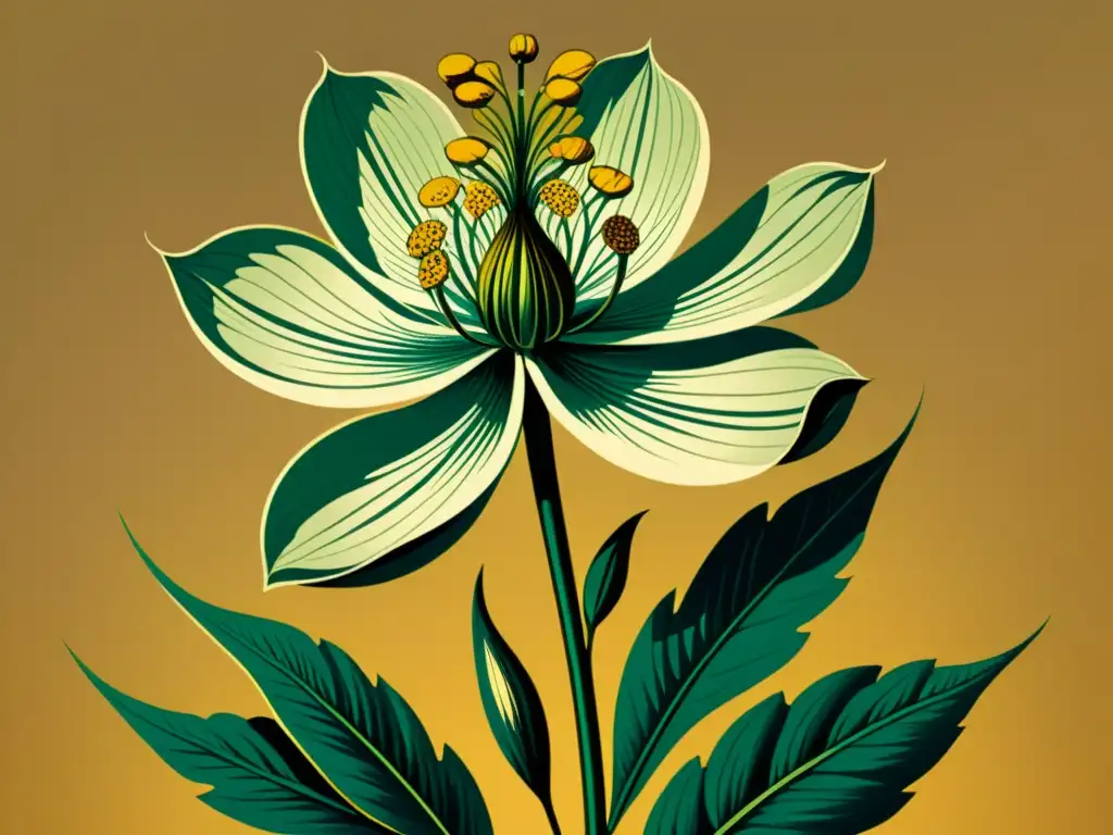 Diseño de patrones inspirados en la naturaleza: Detalle de una ilustración botánica vintage que muestra una flor en tonos cálidos y líneas finas, evocando nostalgia y belleza natural