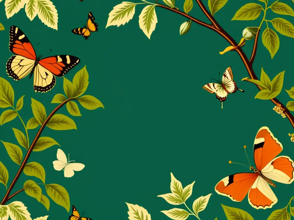 Diseño de patrones inspirados en la naturaleza: una ilustración vintage de enredaderas, flores y mariposas, en tonos tierra, detallada y elegante