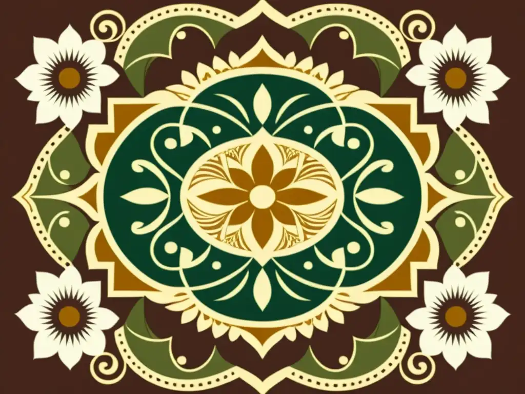 Diseño de patrones simétricos avanzados en ilustración vintage de CorelDRAW en tonos terrosos ricos y detallados ornamentados florales y geométricos