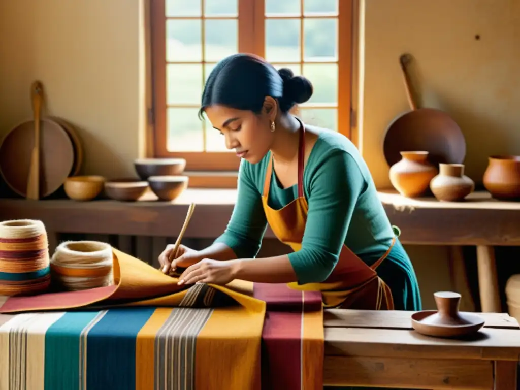 Diseño de patrones sostenible: Ilustración vintage de un artesano creando textiles con tintes naturales en un taller soleado y colorido