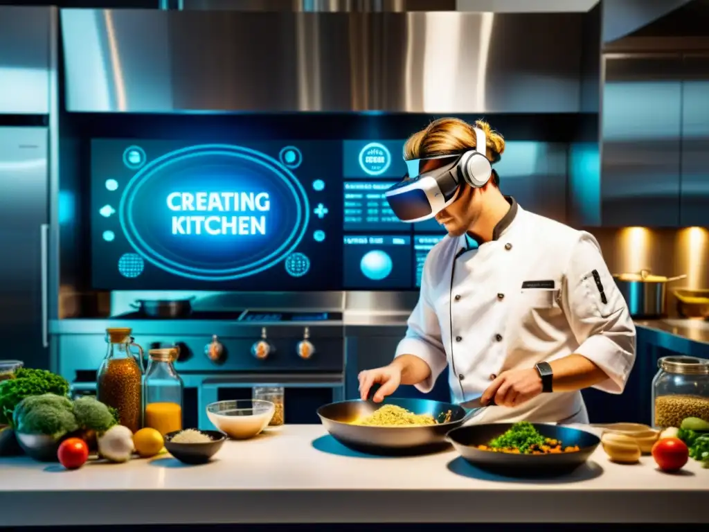 Diseño de platos con realidad virtual: Un chef vintage crea platos en una cocina moderna con ingredientes y tecnología de vanguardia