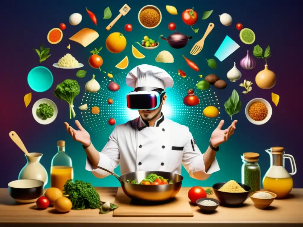 Diseño de platos con realidad virtual: Un chef vintage crea un plato detallado en un entorno virtual con ingredientes e utensilios holográficos