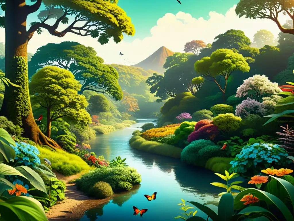 Ecología exuberante: Bosque tranquilo lleno de vida Diseño sostenible patrones inspirados ecología: Ilustración detallada de un exuberante ecosistema vintage con diversa vida vegetal y animal en armonía