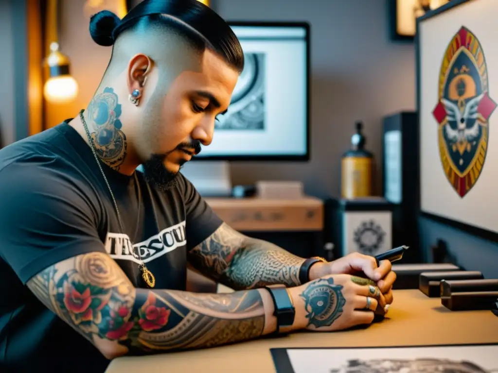 Diseño de tatuajes culturales personalizados en un estudio vintage con un artista meticuloso y especializado, evocando historia y artesanía