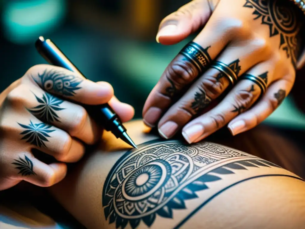 Diseño de tatuajes culturales personalizados: Un tatuador graba con delicadeza un diseño cultural en la piel de un cliente, fusionando tradición y arte moderno