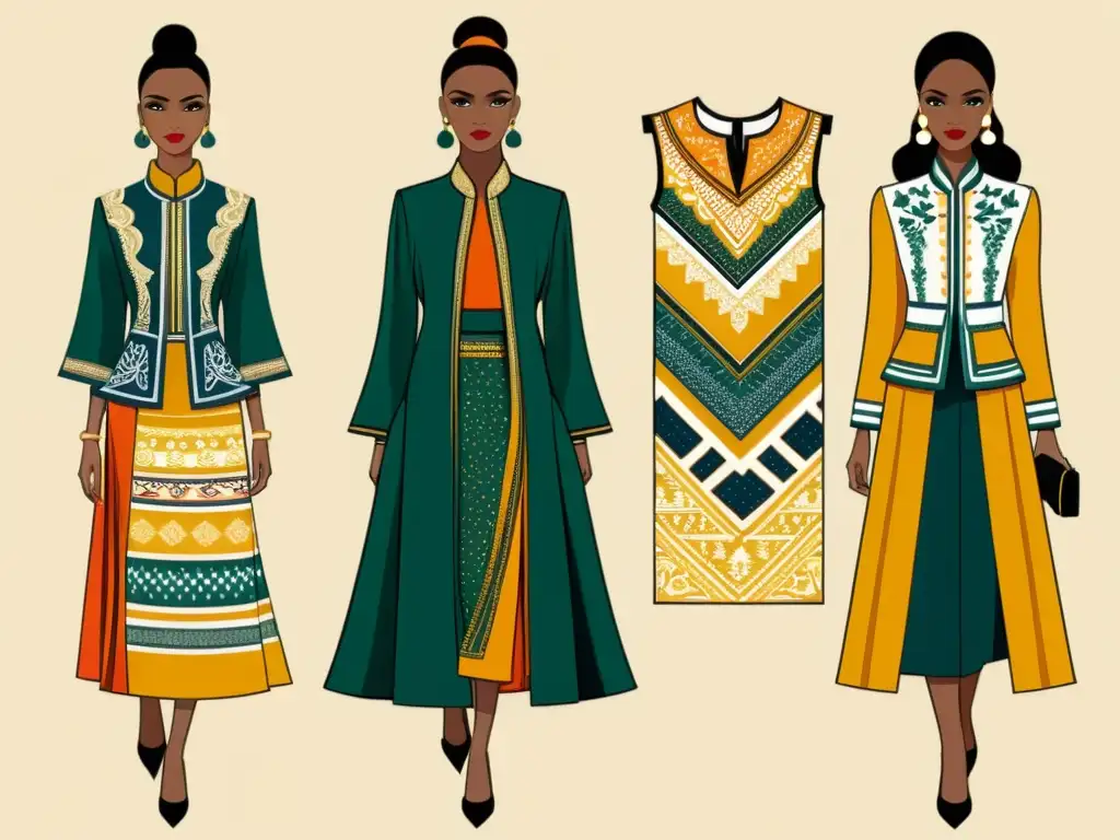 Diseño textil para moda global: Boceto vintage de prendas elegantes con patrones e influencias culturales, en una paleta rica y vibrante