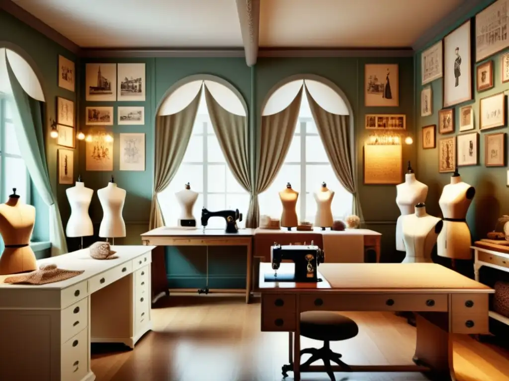 Diseño textil para moda global: Atelier vintage con maniquíes, máquinas de coser, hilos y bocetos de moda, evocando elegancia atemporal