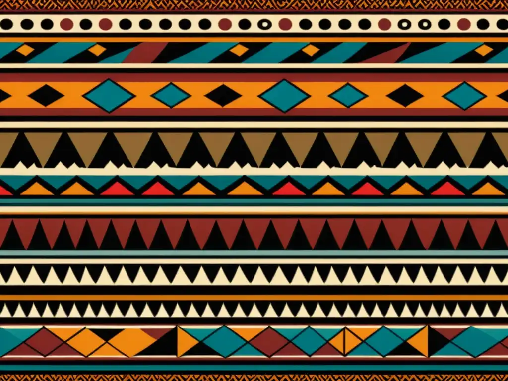 Un diseño tribal de patrones africanos en tonos cálidos y figuras geométricas, evocando la riqueza cultural y la influencia histórica