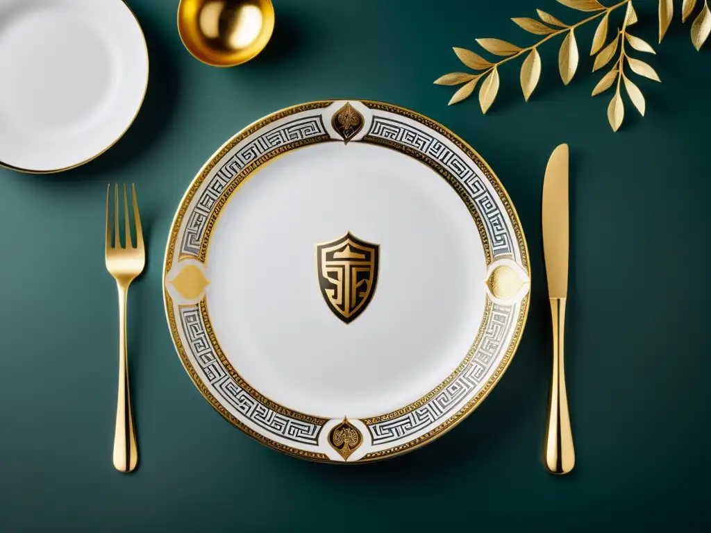 Diseño de vajillas con motivos greco-romanos: Plato de porcelana blanco con detallado diseño de inspiración greco-romana en oro