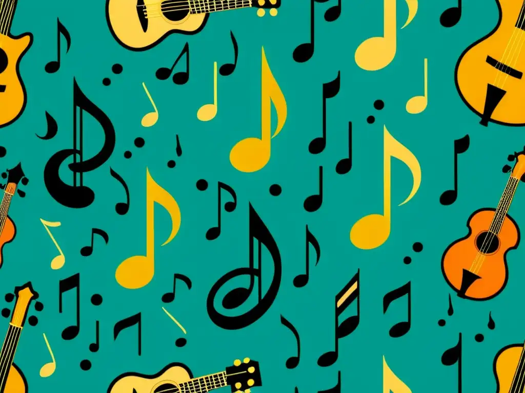 Diseño vintage de estampados para música con notas, instrumentos y paleta de colores retro, evocando nostalgia y creatividad