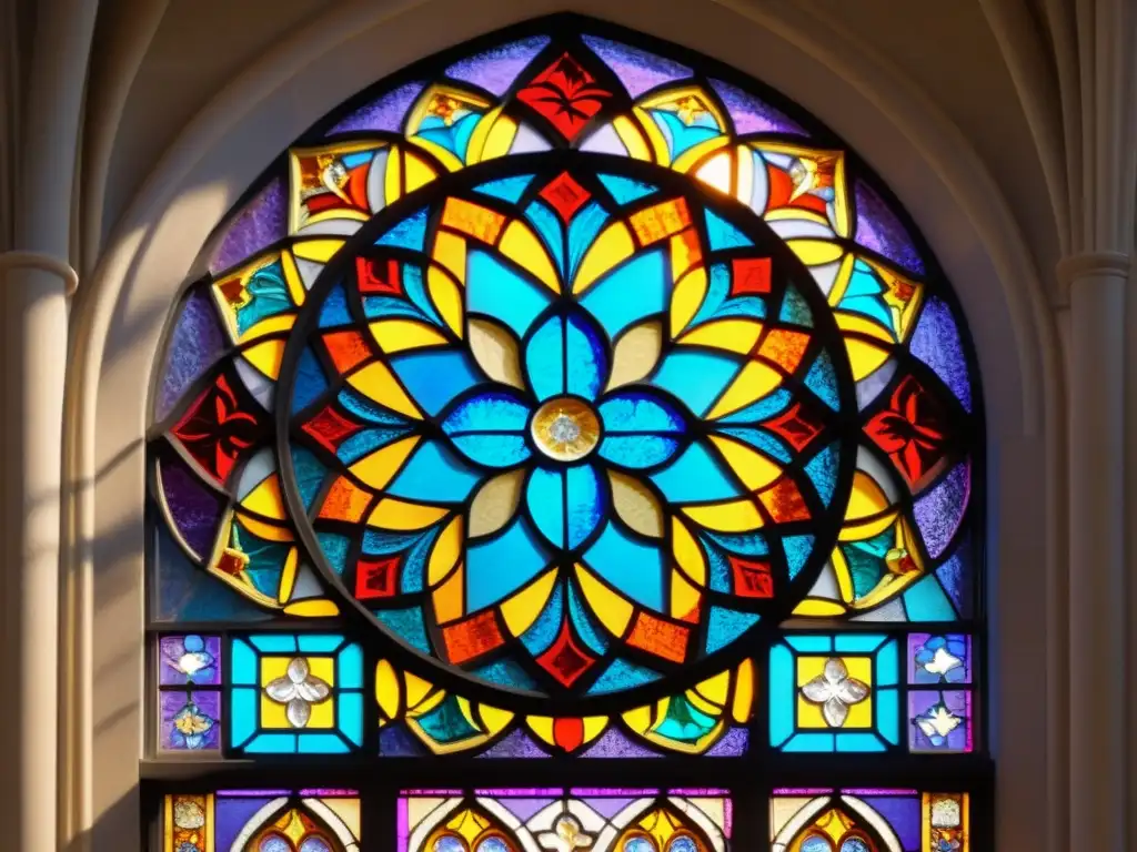 Diseño vitrales góticos mundo: Detalle de un vitral gótico con patrones e colores vibrantes iluminados por la luz del sol en una catedral, creando un efecto de colores y formas en el suelo de piedra