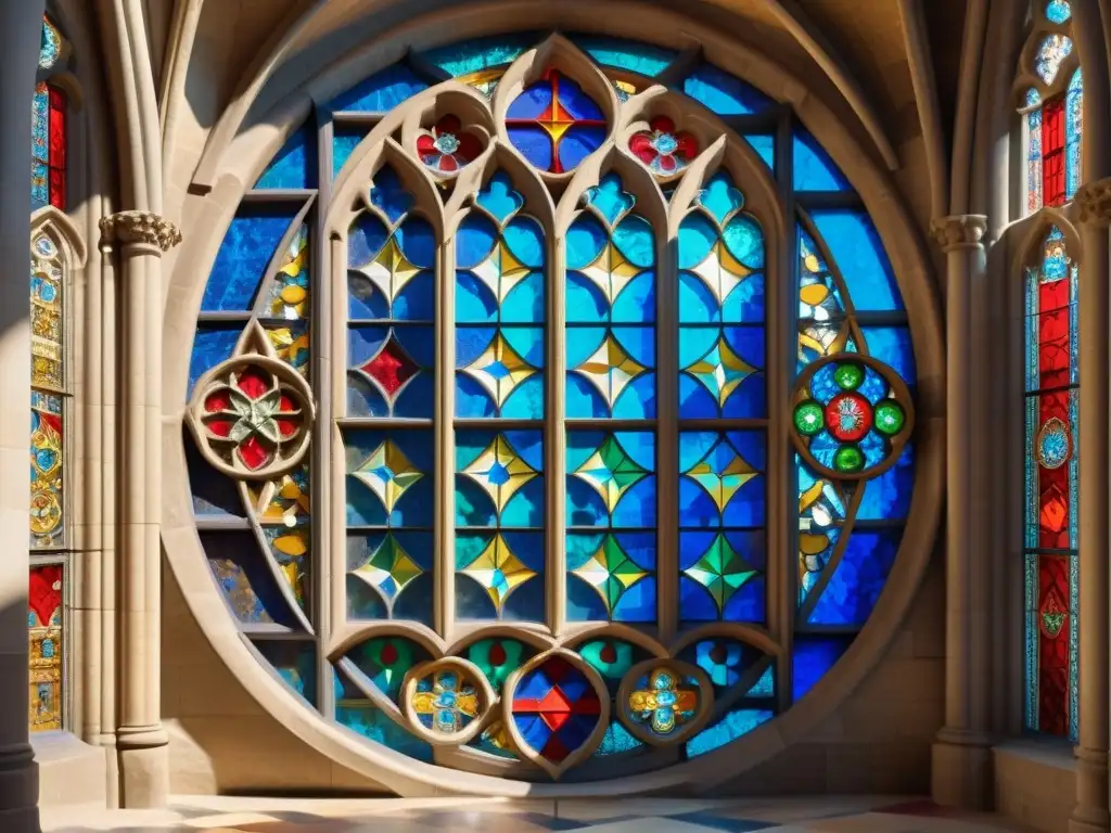 Diseño vitrales góticos mundo: Detalle gótico en vitral de catedral medieval, con colores vibrantes y juego de luz y sombra