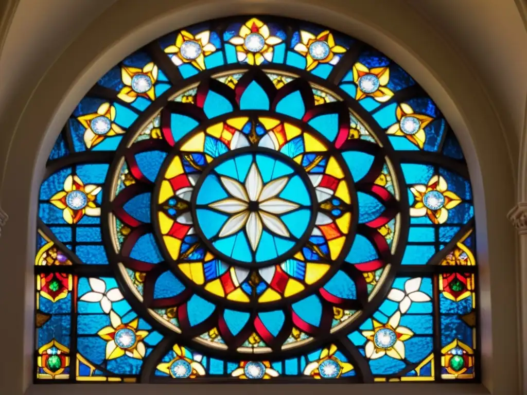 Diseño de vitrales góticos en un impresionante ventanal de la catedral, con vibrantes colores y escenas religiosas detalladas, bañados por la luz del sol