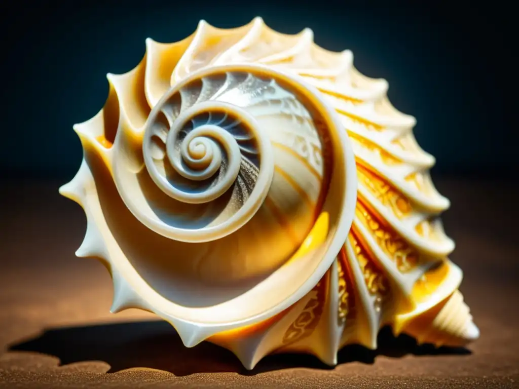 Concha esculpida: detalle y diseño en alta resolución Diseños artísticos conchas marinas: Detalle de concha pulida con patrones naturales, iluminada y con filtro vintage, evocando calidez y nostalgia