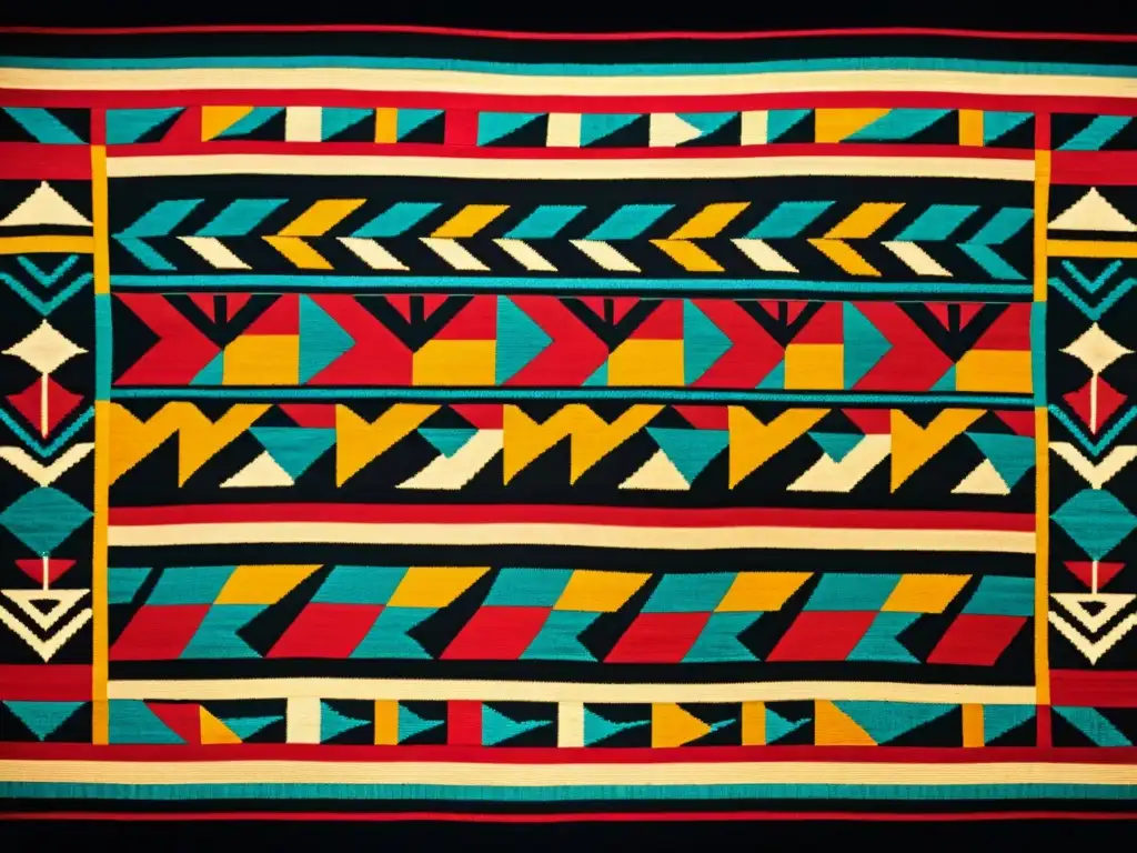 Diseños artísticos de culturas precolombinas: Textil colorido con formas geométricas y figuras animales, enriquecido por su herencia cultural