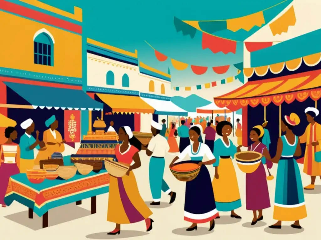 Diseños artísticos influencia cultural internacional en ilustración vintage vibrante con personas de diferentes culturas celebrando su herencia en un bullicioso mercado multicultural