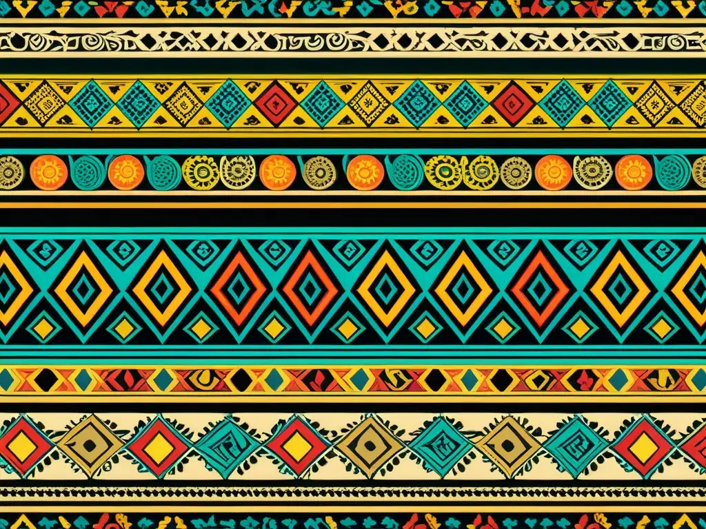 Diseños artísticos educación intercultural: Intrincado patrón textil vintage con colores vibrantes y motivos culturales, evocando una rica herencia y tradición artística