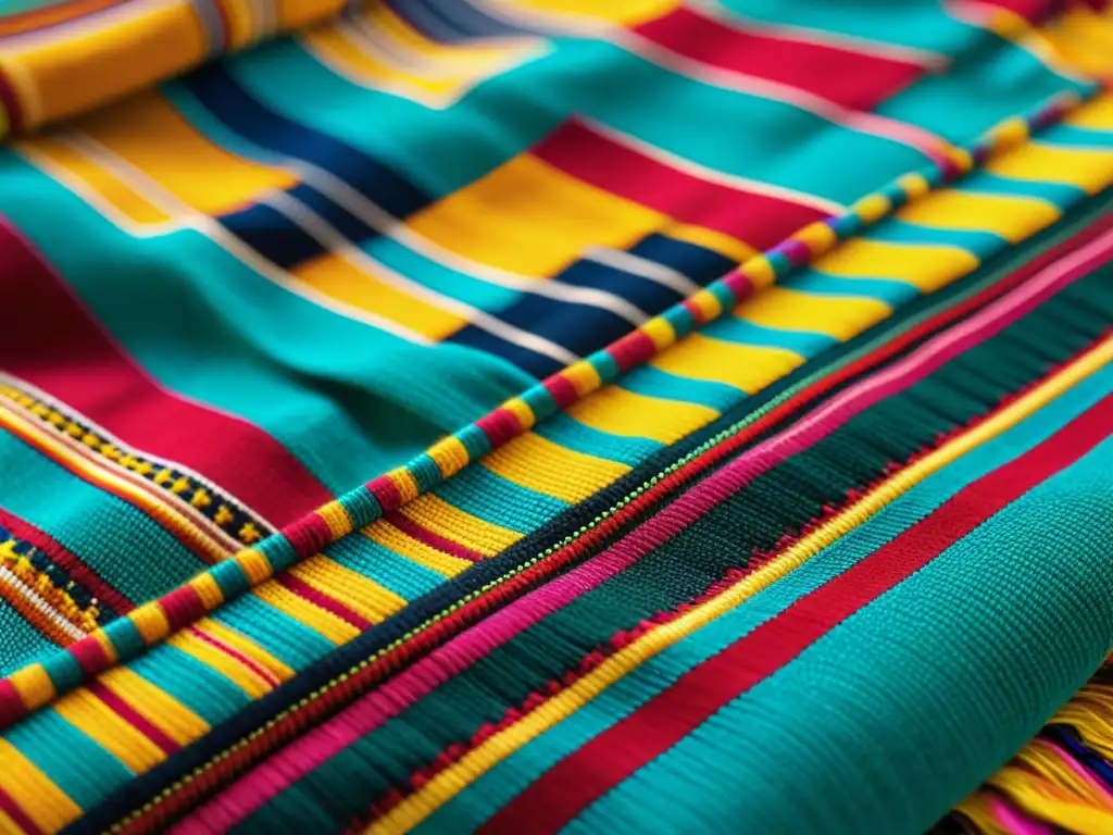 Diseños artísticos de tejidos colombianos: Detalle vibrante de un textil tradicional, con colores ricos y patrones detallados