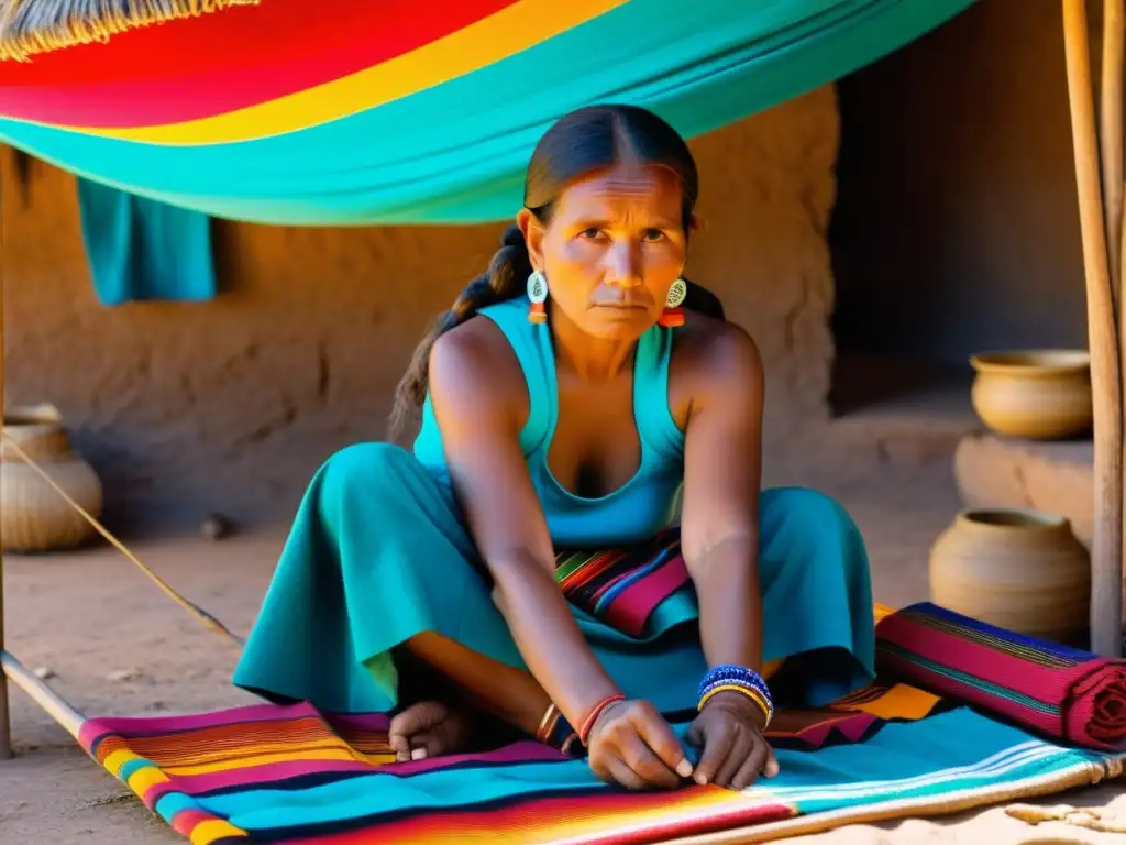 Diseños artísticos tejidos tarahumaras: Mujer tarahumara tejiendo en telar de cintura, rodeada de textiles coloridos y patrones intrincados